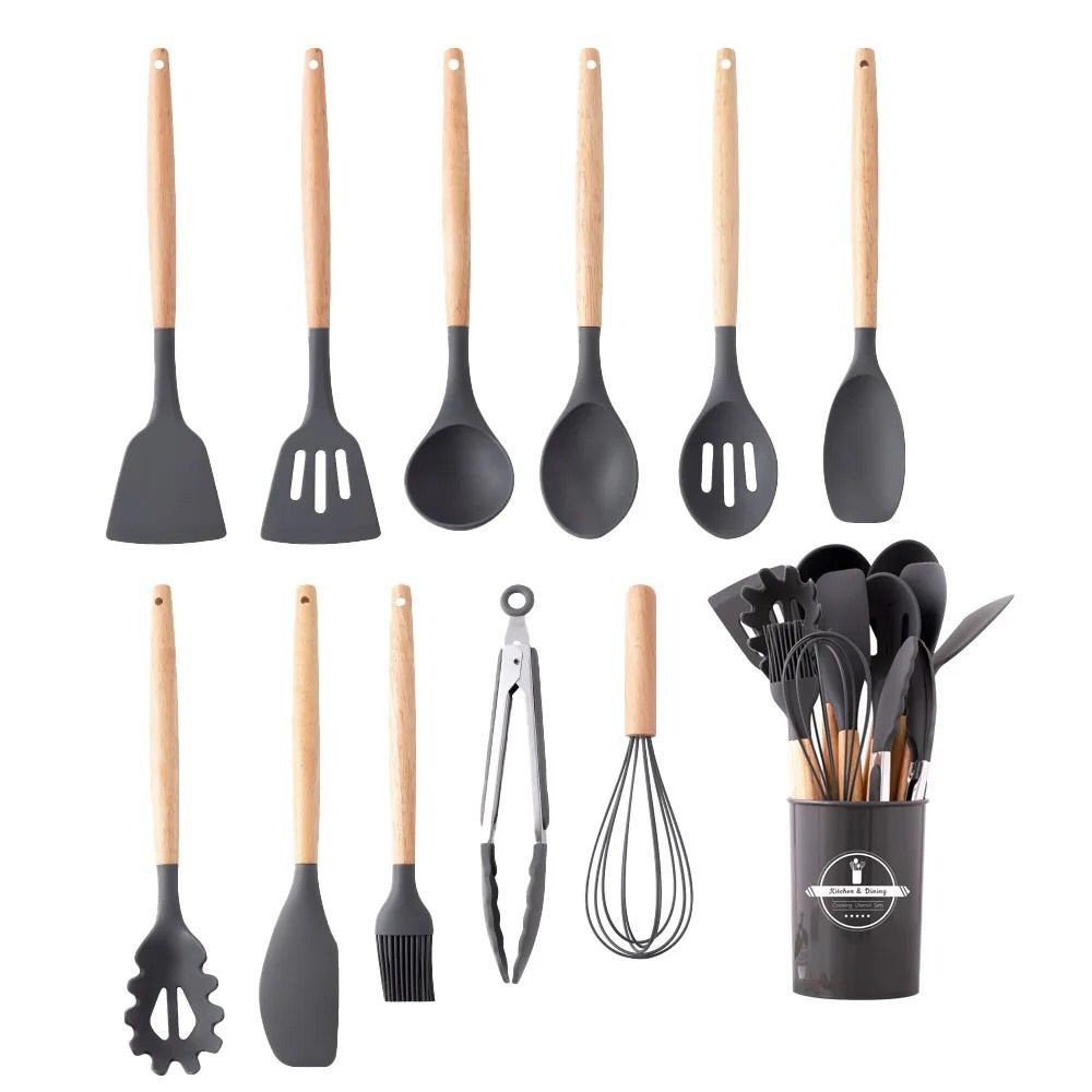 Accessoires de cuisine en bois de teck naturel Ensembles d'ustensiles de cuisine Outil de cuisson Aucun bâton Pot Manche en bois Ensemble d'ustensiles de cuisine en silicone