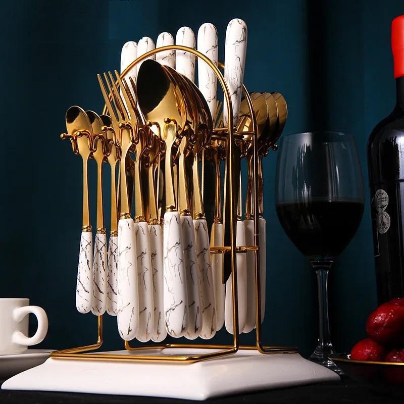 Couverts en or 24 pièces/ensemble, service d'argenterie en acier inoxydable, vaisselle, couteau, fourchette, cuillère, accessoire de cuisine pour fête de mariage